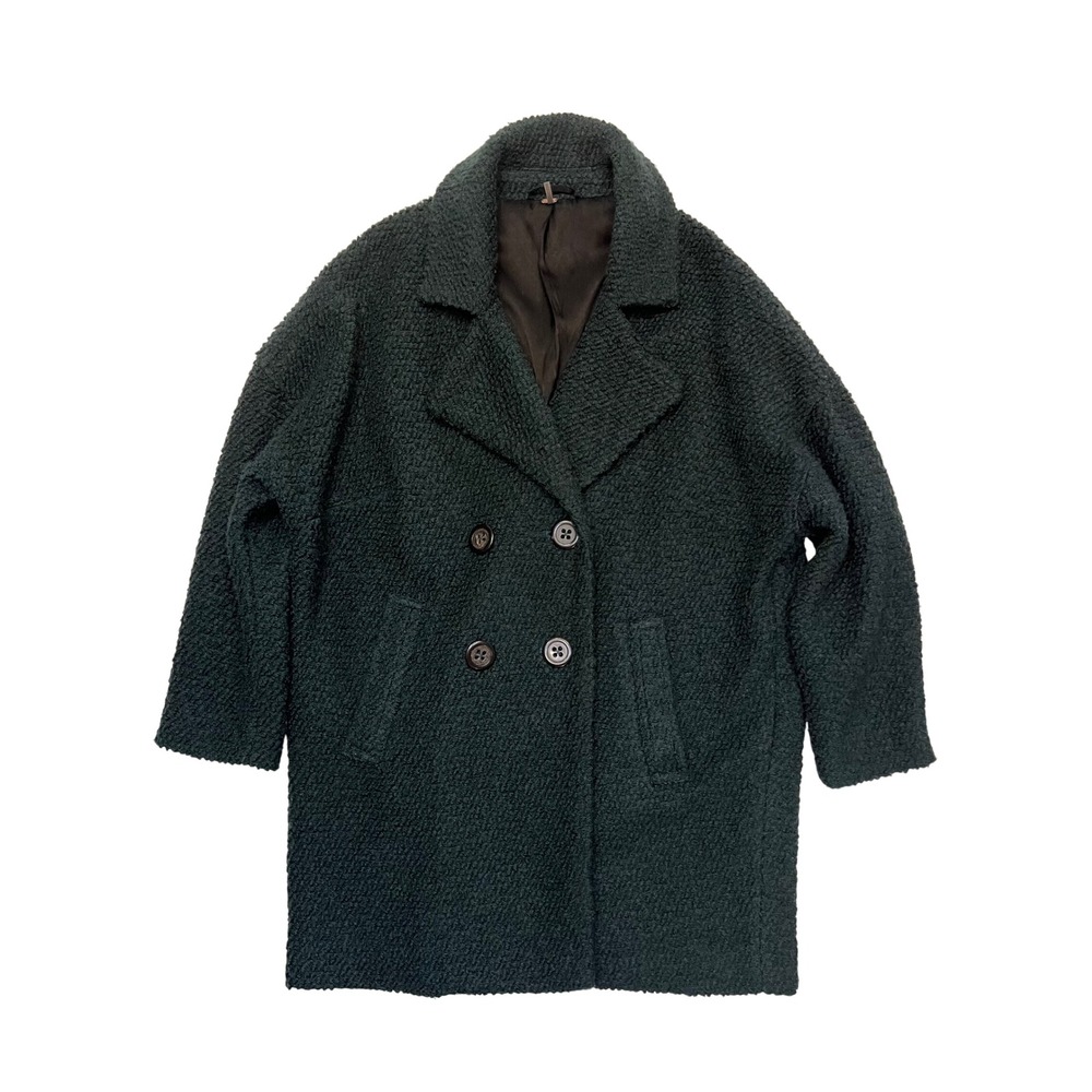 Free People Dark Green Double Breasted Cozy Boucle Wool Blend Peacoat Size M